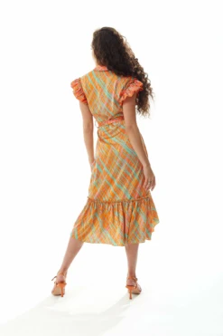 Liquorish Orange Scribble Print Midi Wrap Dress With Frill -Yumi Clothing Shop IsdukTs2 10087