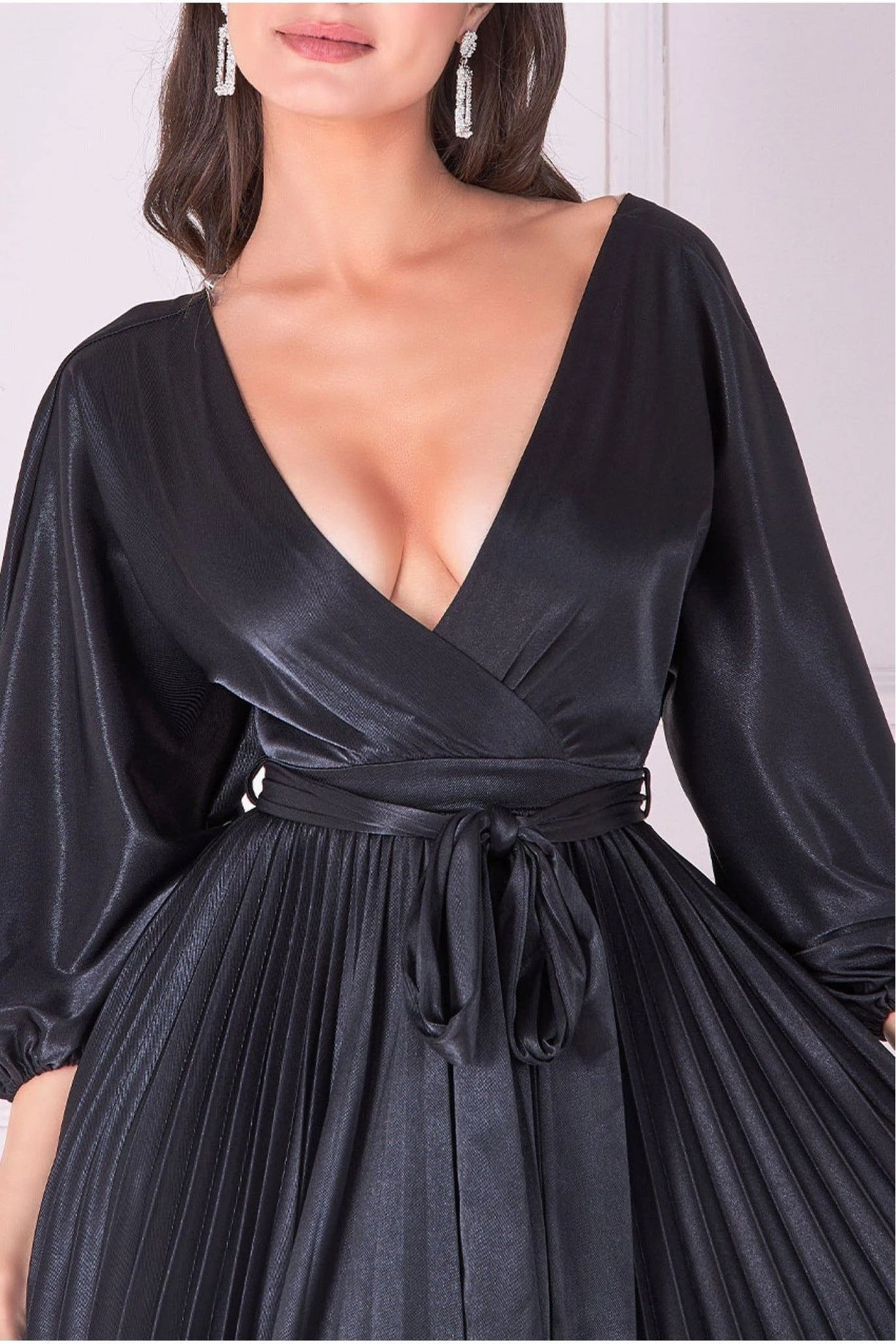 Goddiva Satin Pleated Skirt Wrap Midi Dress - Black 3 Goddiva Satin Pleated Skirt Wrap Midi Dress - Black - Image 3