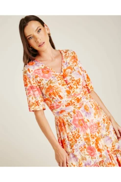 Dusty Pink Floral Midi Buttoned Up Neck Dress | Pink -Yumi Clothing Shop JK4qPEUI 12194