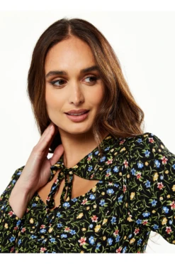 Liquorish Black Floral Print Midi Dress With Lurex And Neck -Yumi Clothing Shop JTrpjqoS 14022