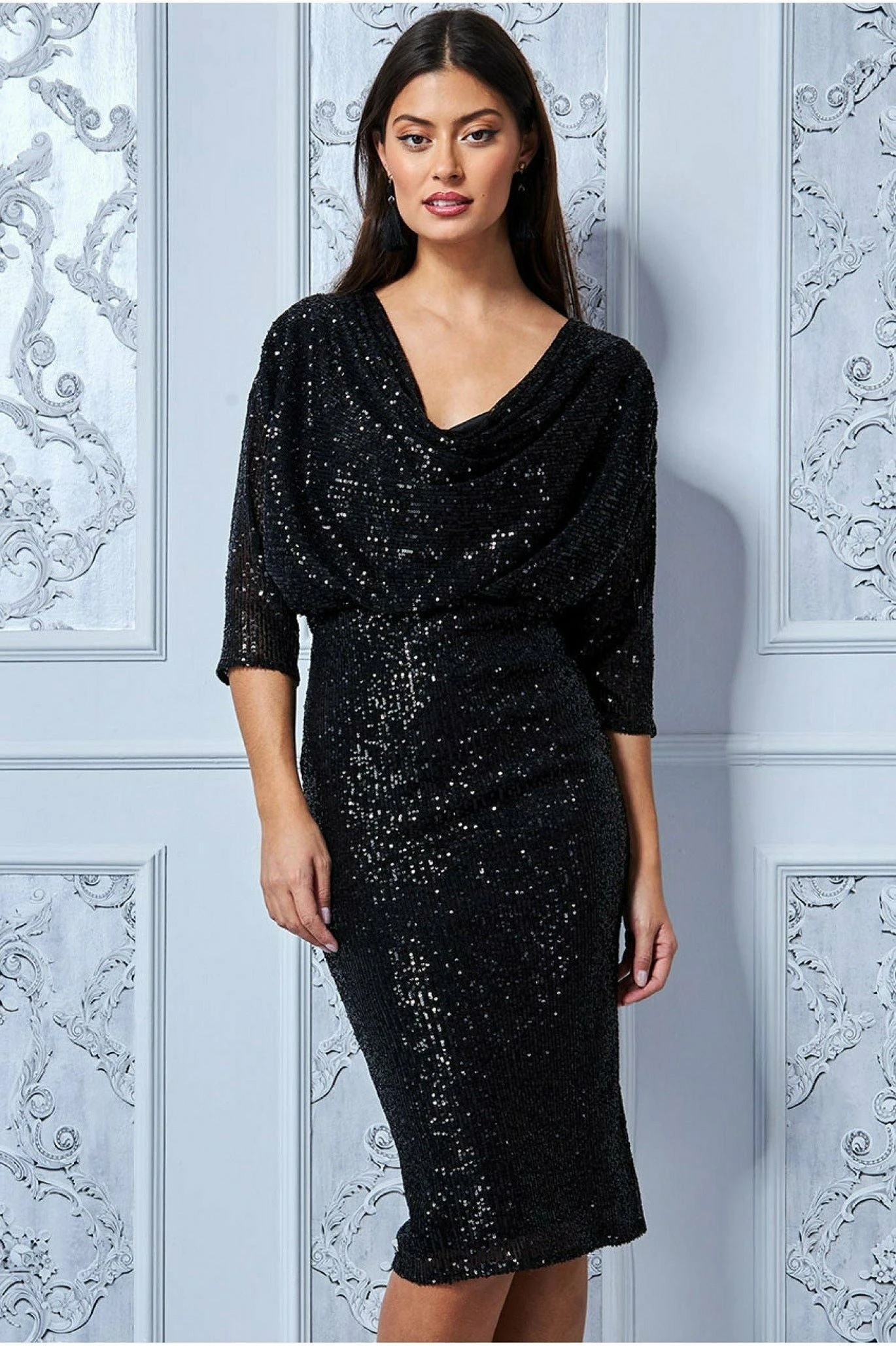 Goddiva Sequin Cowl Neck Midi Dress - Black 3 Goddiva Sequin Cowl Neck Midi Dress - Black - Image 3