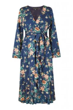 Mela London Navy Long Sleeve Floral Print Satin Wrap Dress -Yumi Clothing Shop Jy15GlLl 14771