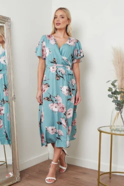 Lilura London Angel Sleeves Midi Wrap Dress In Green Floral -Yumi Clothing Shop K95Gw2p7 15697