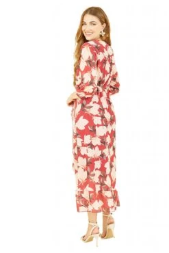 Yumi Red Blossom Wrap Midi Dress With 3/4 Sleeves -Yumi Clothing Shop KndbTaIx 14854