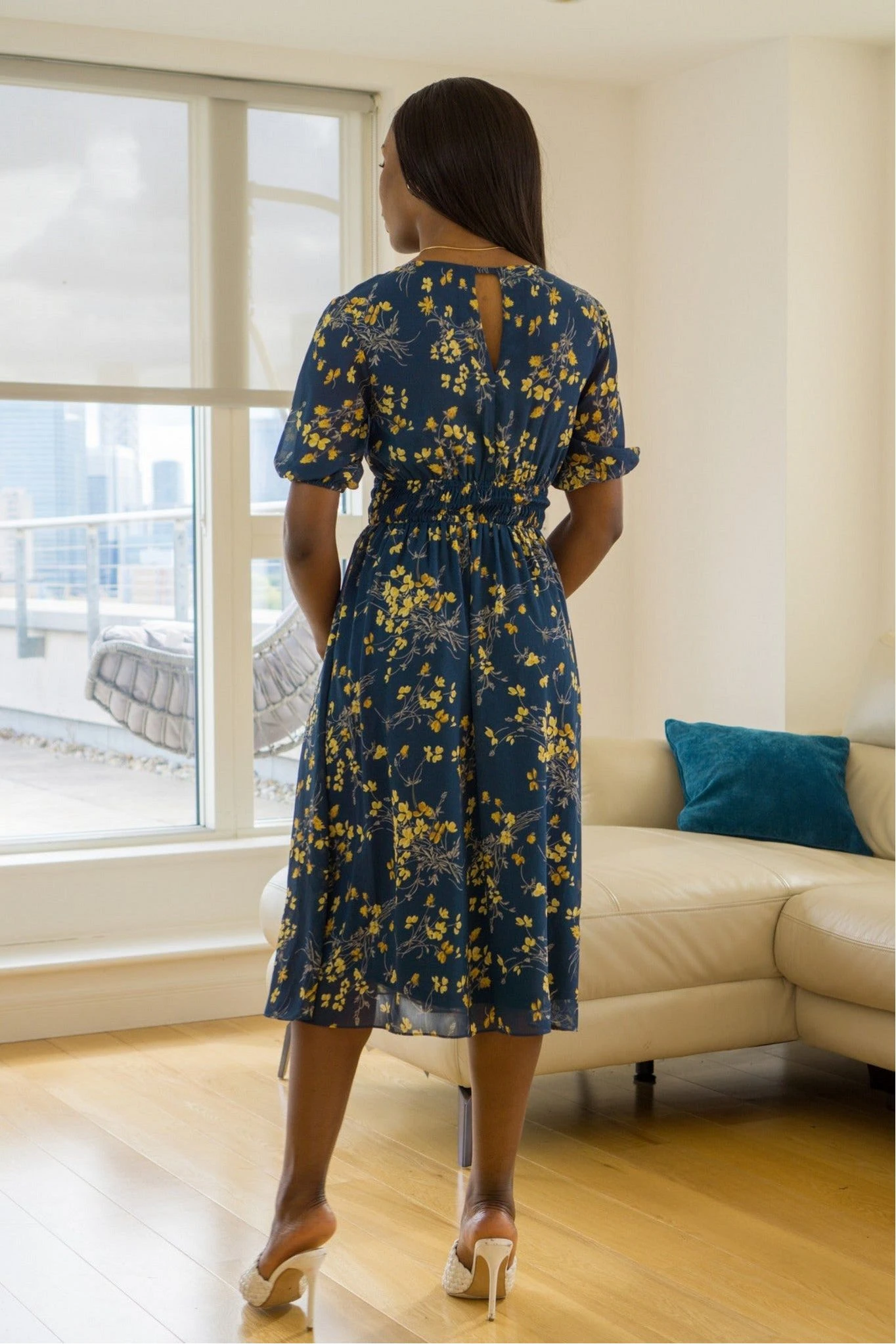 Double Second Chiffon V-neck Shirred Waist Dress 5 Double Second Chiffon V-neck Shirred Waist Dress - Image 5