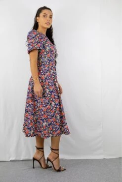Signage Blue Floral Print Round Neck Puff Sleeve Midi Dress -Yumi Clothing Shop L0R2spRg 15266