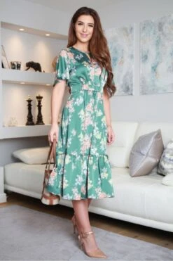 Double Second Green Floral Printed Satin Dress -Yumi Clothing Shop L0hMGIec 15372