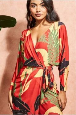 Goddiva Printed Batwing Wrap Midi Dress - Orange -Yumi Clothing Shop L1xQ12Cz 10571
