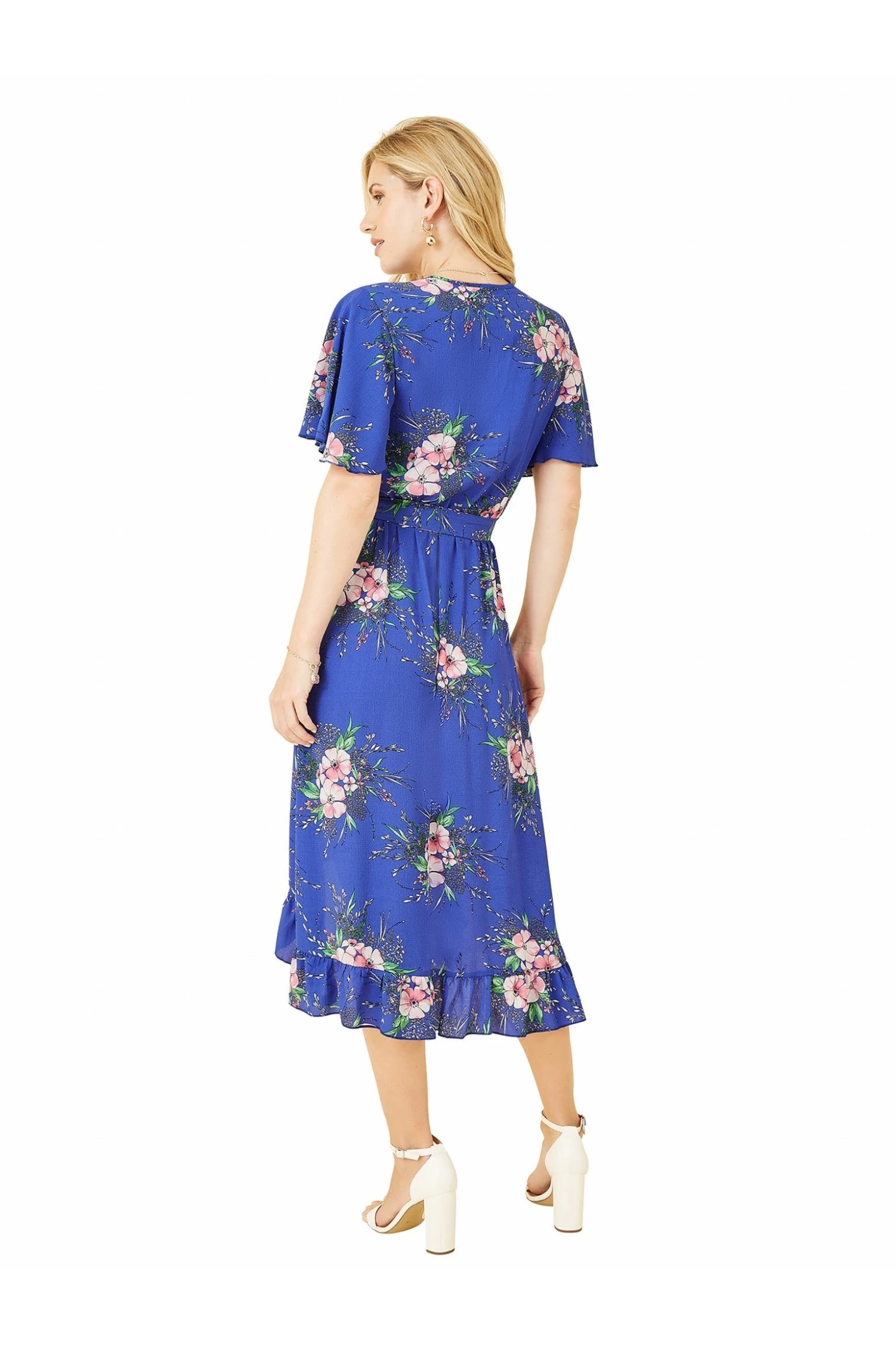 Mela London Blue Floral Dip Hem Wrap Midi Dress 4 Mela London Blue Floral Dip Hem Wrap Midi Dress - Image 4