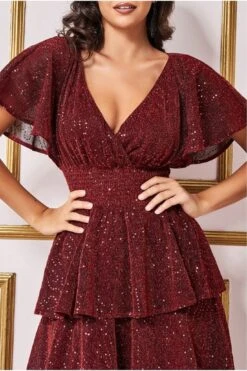 Goddiva Sequin Lurex Tiered Maxi Dress - Wine -Yumi Clothing Shop LJpnGOIz 13697