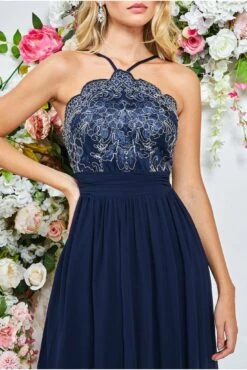 Goddiva Lace Halter Neck Chiffon Skirt Dress - Navy -Yumi Clothing Shop LLDslV31 10507