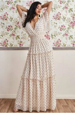 Goddiva Polka Dot Tiered Chiffon Maxi Dress - Beige -Yumi Clothing Shop LO85MJDZ 9175