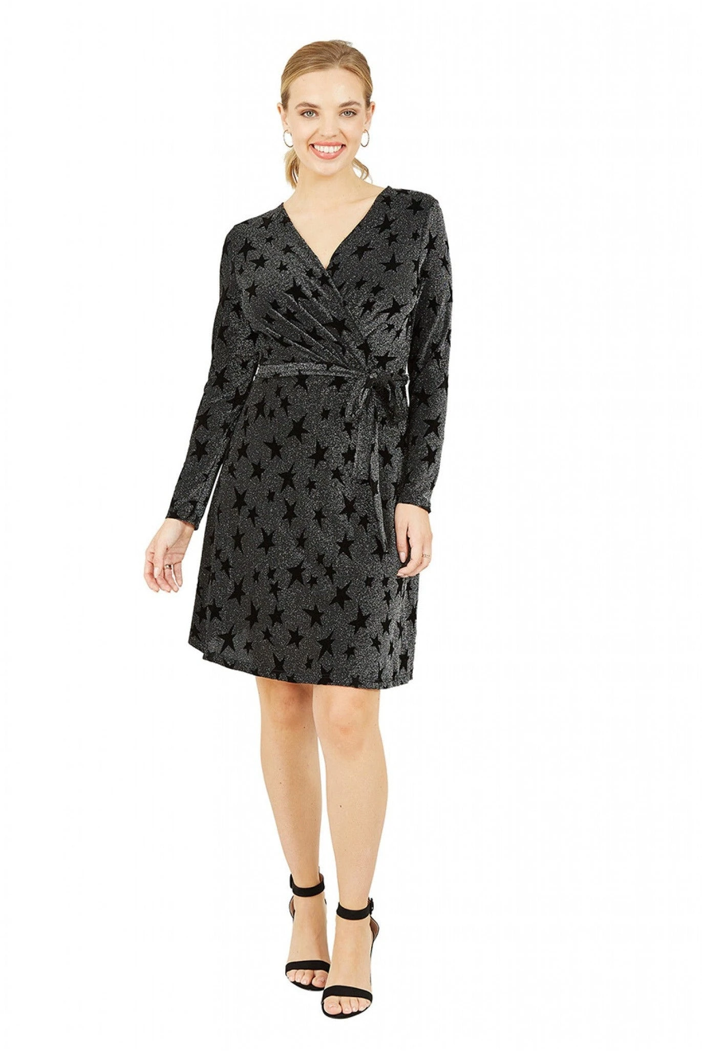 Yumi Black Glitter Star Wrap Dress 1 Yumi Black Glitter Star Wrap Dress