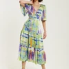Liquorish Green Abstract Print Midi Dress With Short Sleeves