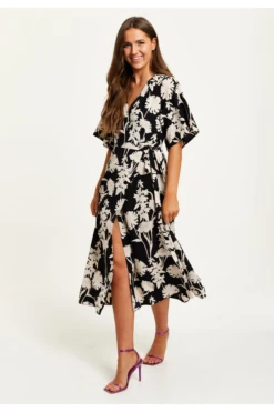 Liquorish Floral Print Midi Wrap Dress With Kimono Sleeves