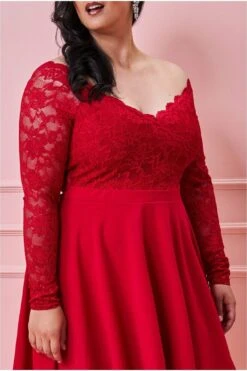 Goddiva Plus Off The Shoulder Lace Skater Dress - Red 6 Goddiva Plus Off The Shoulder Lace Skater Dress - Red -Yumi Clothing Shop LiuRiES3 5037