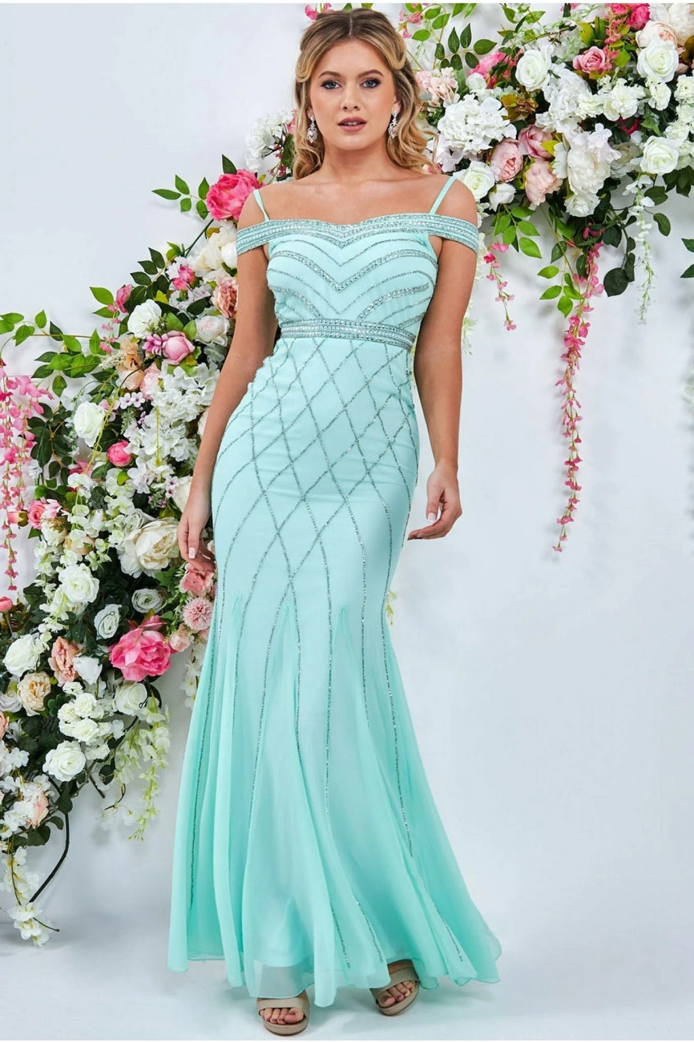 Goddiva Off The Shoulder Sequin Maxi Dress - Mint 1 Goddiva Off The Shoulder Sequin Maxi Dress - Mint