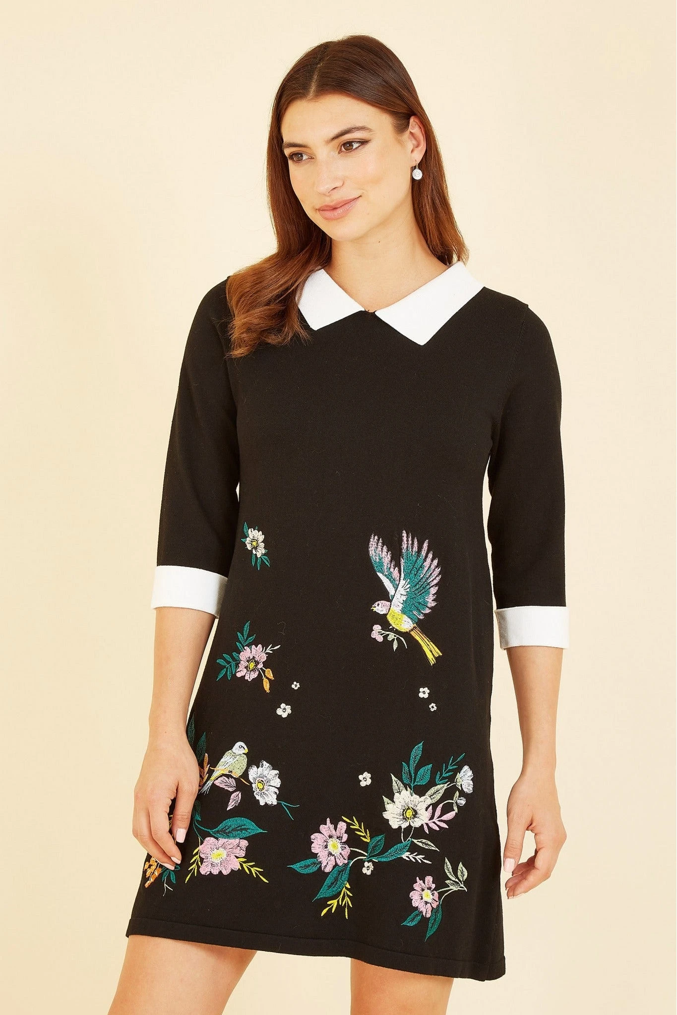 Yumi Bird And Floral Embroidered Knitted Peter Pan Dress 3 Yumi Bird And Floral Embroidered Knitted Peter Pan Dress - Image 3