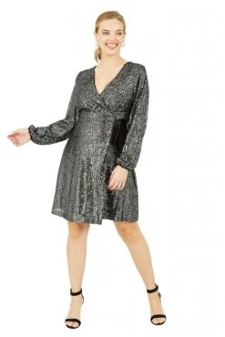 Yumi Black Sequin Wrap Dress With Velvet Tie