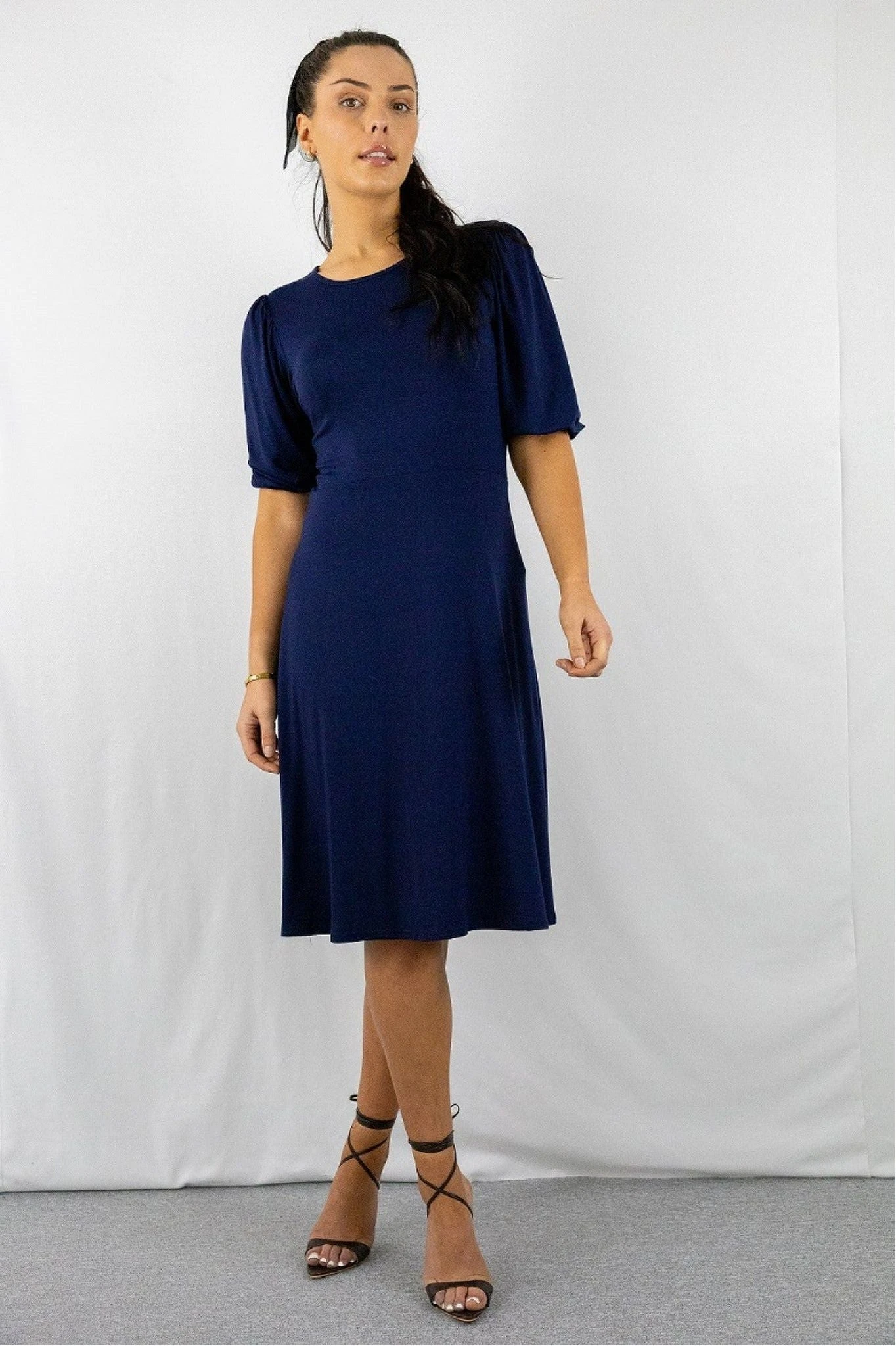 Signage Navy Round Neck Puff Sleeve Midi Dress 1 Signage Navy Round Neck Puff Sleeve Midi Dress
