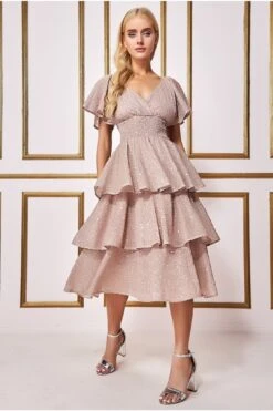 Goddiva Sequin Lurex Tiered Midi Dress - Champagne -Yumi Clothing Shop MofyFAoZ 13468