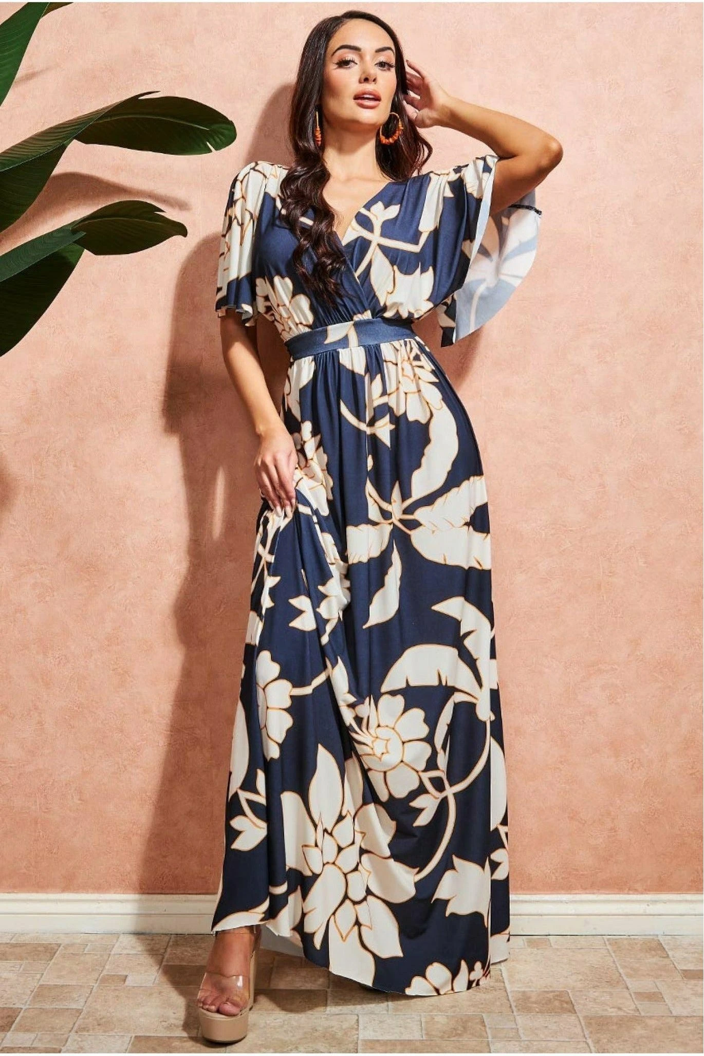 Goddiva Leaf Print Flutter Sleeve Maxi Dress - Navy 1 Goddiva Leaf Print Flutter Sleeve Maxi Dress - Navy
