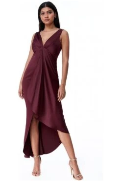 Goddiva Waterfall Satin Maxi Dress - Wine