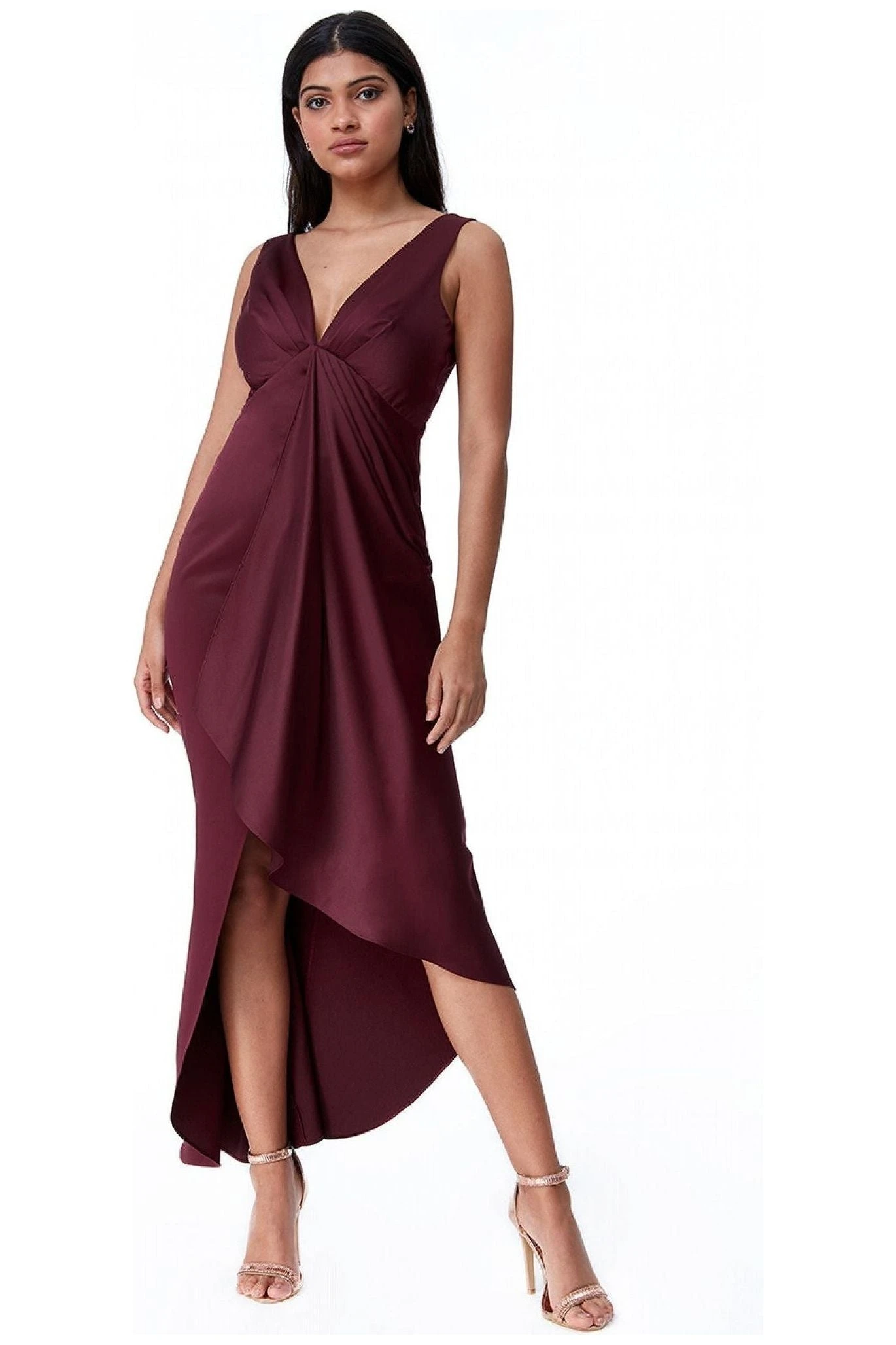 Goddiva Waterfall Satin Maxi Dress - Wine 1 Goddiva Waterfall Satin Maxi Dress - Wine