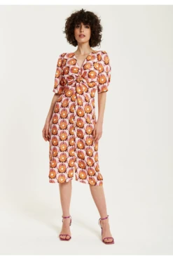 Liquorish Orange Floral Knot Front Midi Dress