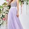 Goddiva Sequin Bodice Pleated Maxi Dress - Lavender
