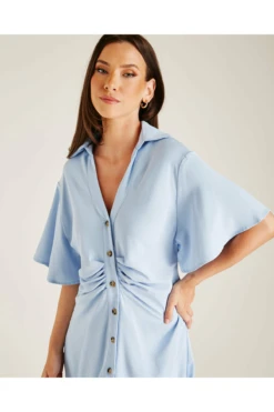 Dusty Pink Ruched Front Button Up Dress | Light Blue -Yumi Clothing Shop N4OXzqZk 12203