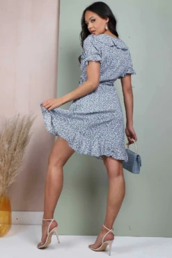 Lilura London Blue Floral Frill Wrap Mini Dress -Yumi Clothing Shop NAo7IZMi 10589