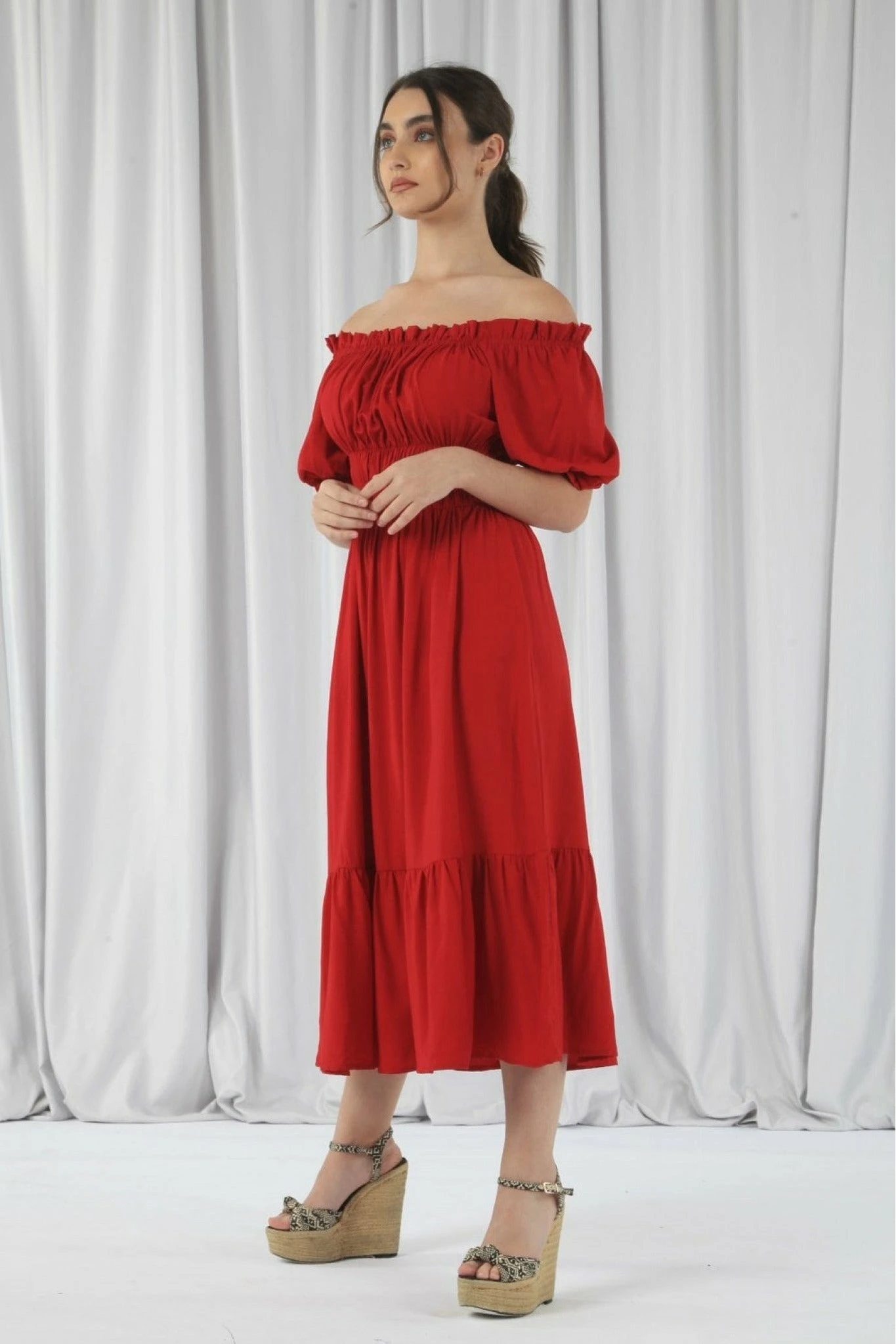 Double Second Red Bardot Midi Dress 2 Double Second Red Bardot Midi Dress - Image 2