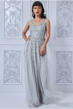 Goddiva Sunray Sequin Maxi Dress - Silver