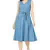 Yumi Blue Chambray Denim Midi Skater Dress