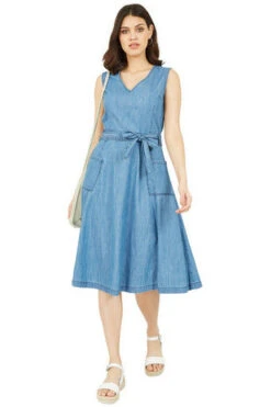 Yumi Blue Chambray Denim Midi Skater Dress