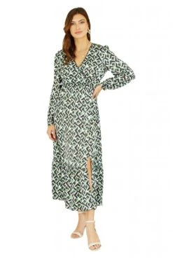 Yumi Green Geo Print Wrap Satin Midi Dress