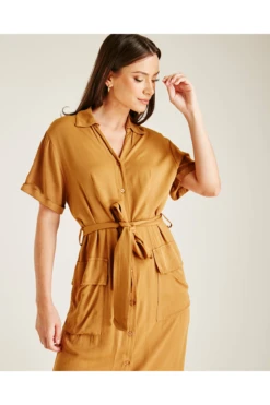 Dusty Pink Button Up Short Sleeve Midi Dress | Dark Camel -Yumi Clothing Shop NdtUujPy 12191