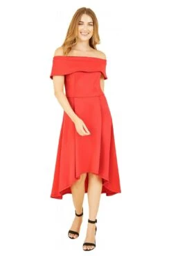 Mela London Red Bardot Dipped Hem Dress