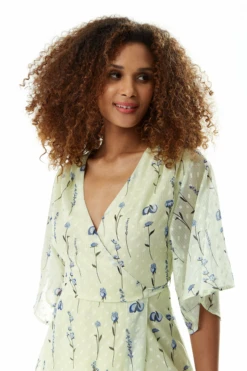 Liquorish Floral Print Midi Wrap Dress In Mint Green -Yumi Clothing Shop Np2VTFom 10440