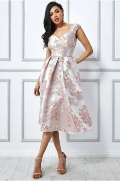 Goddiva Jacquard Off The Shoulder Midi Dress - Blush 6 Goddiva Jacquard Off The Shoulder Midi Dress - Blush -Yumi Clothing Shop Nyr4YTbr 9177