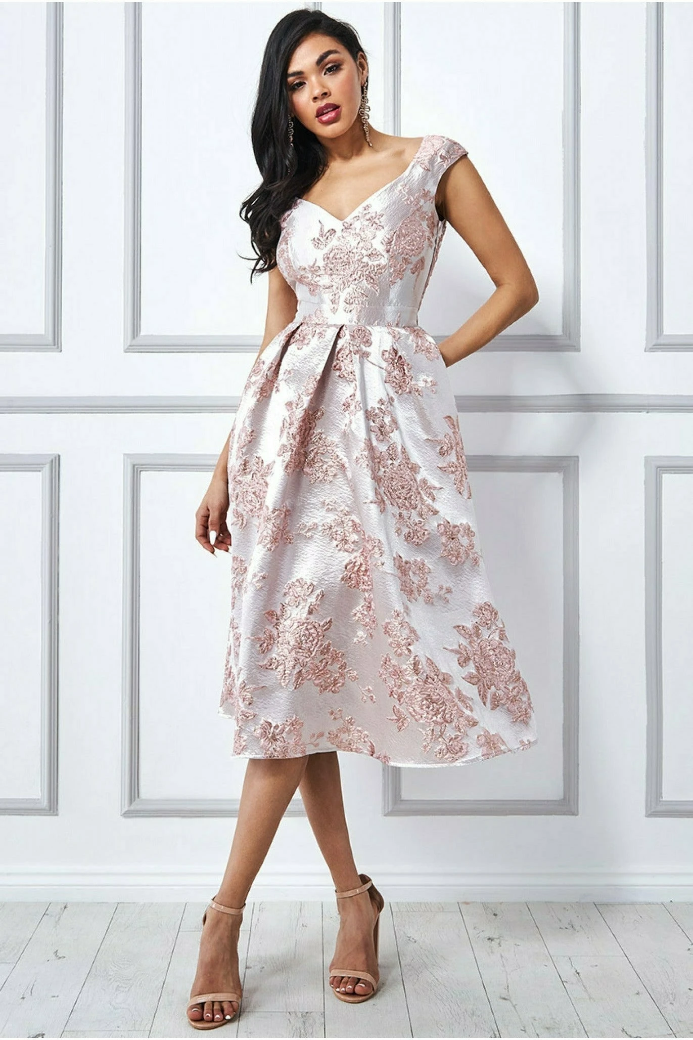 Goddiva Jacquard Off The Shoulder Midi Dress - Blush 3 Goddiva Jacquard Off The Shoulder Midi Dress - Blush - Image 3