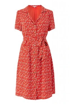 Yumi Red Ditsy Leaf Print Retro Shirt Dress -Yumi Clothing Shop Nz1JirvN 13968