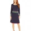 Yumi Navy Knitted Dress With Contrast Stripe Waistband