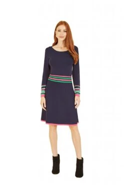 Yumi Navy Knitted Dress With Contrast Stripe Waistband