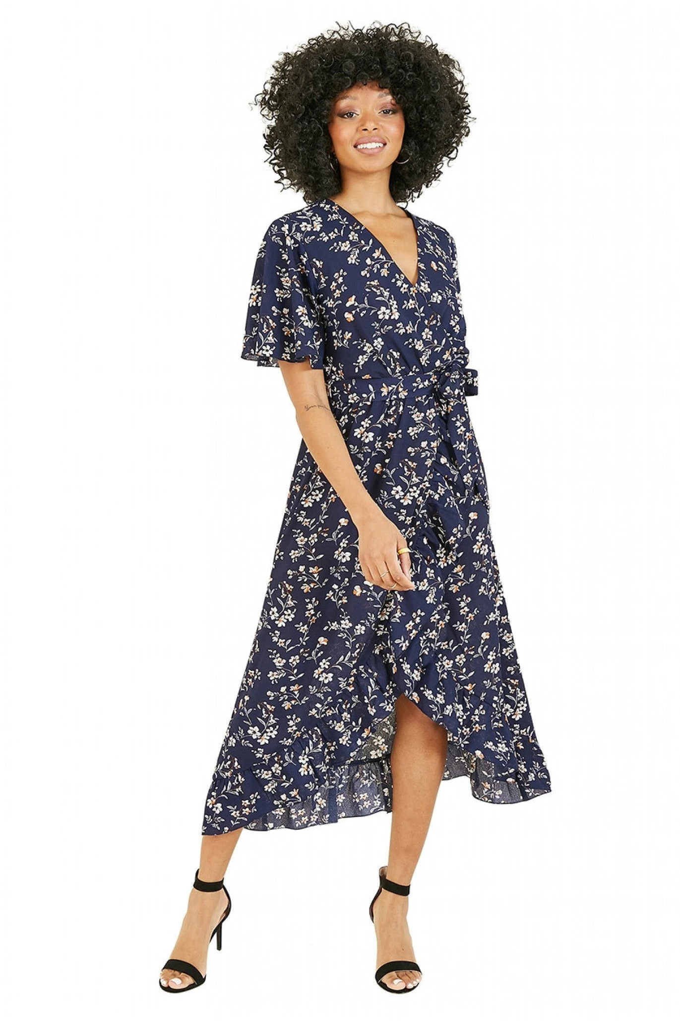 Mela London Navy Ditsy High Low Frill Wrap Dress 1 Mela London Navy Ditsy High Low Frill Wrap Dress