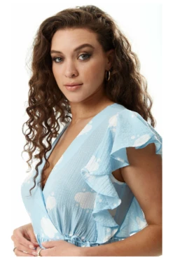 Liquorish Cloud Print Midi Wrap Dress With Frill Sleeve Blue -Yumi Clothing Shop OCopZFyp 10038