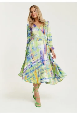 Liquorish Abstract Print Midi Wrap Dress In Green