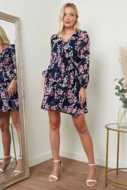 Lilura London Floral Asymmetric Ruffle Mini Dress In Purple -Yumi Clothing Shop ODrgNDMo 15691