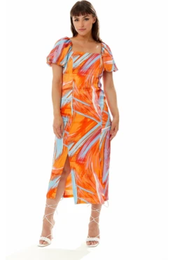 Liquorish Abstract Print Midi Dress In Orange